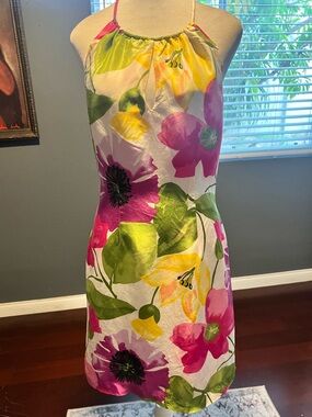 Silk Floral Halter Mini Dress in Pink & Green. EUC Size 4